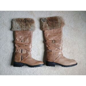 FABIANELLI Boots Womens Sz 10 EU41 Knee High Brown Fur Trimmed ITALIAN